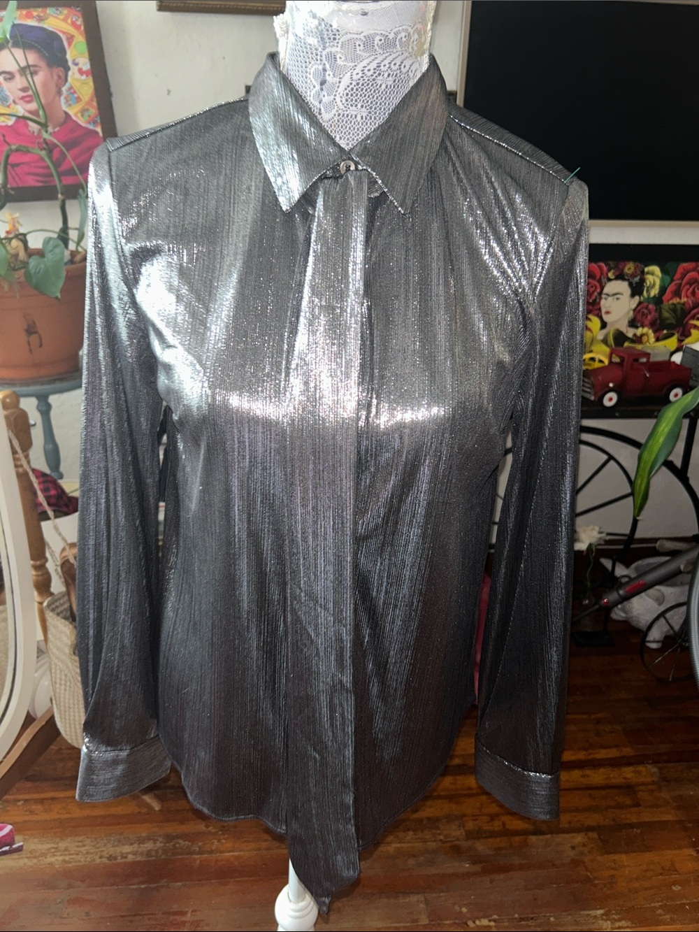 Endless Rose Metallic Silver Button-Down Long Sleeve Shirt